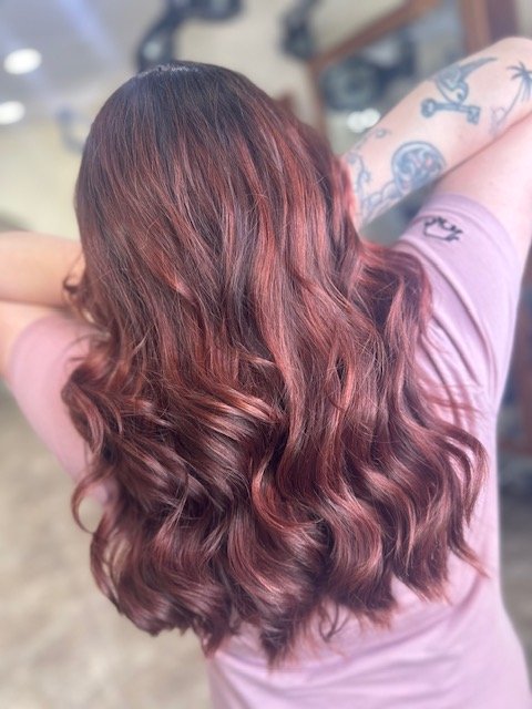 plum hair colour at fringe benefits salon gloucester